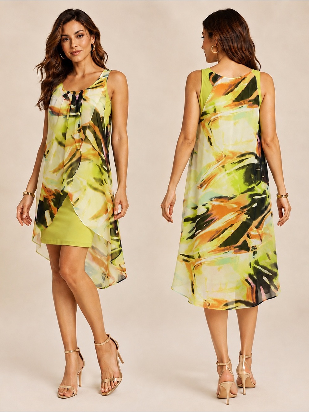 Frank Lyman Design Women’s Size 12 Abstract Chiffon High Low Dress Lime Green